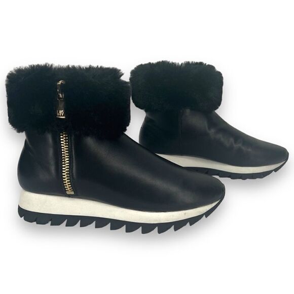 DKNY Al Fur Cuffed Black Vegan Leather Sporty Wedge Zip Ankle Bootie B4HP 7.5 - Picture 1 of 15
